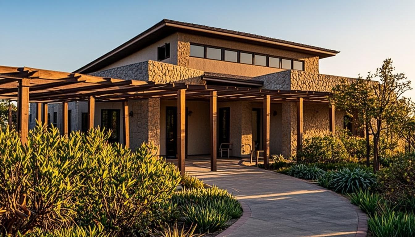 Boutique highland hotel exterior with deep veranda and landscaped gardens at golden hour