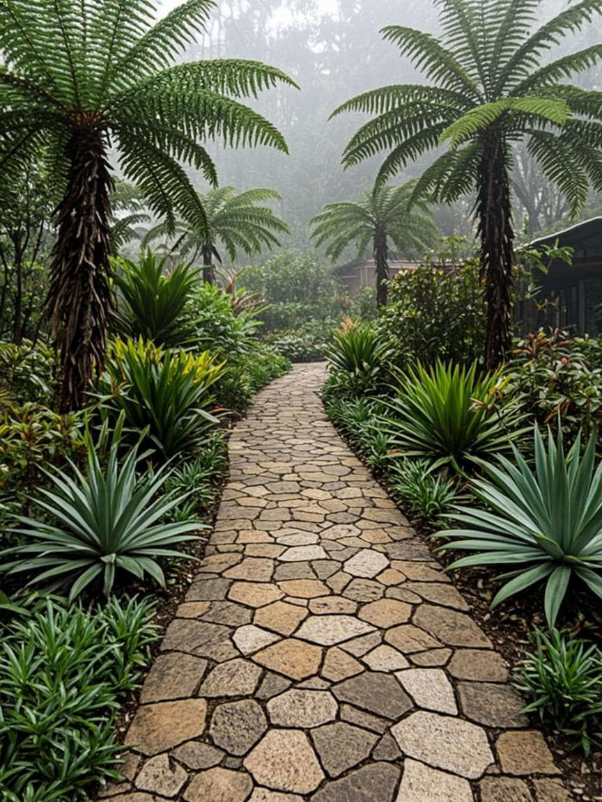 Lush highland garden path with stepping stones and morning mist
