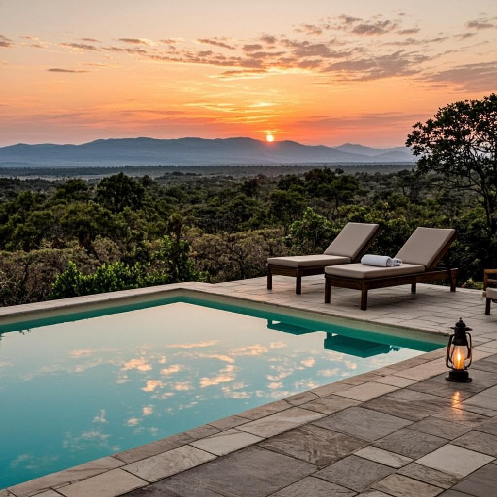 Plunge pool reflecting warm amber sky at dusk