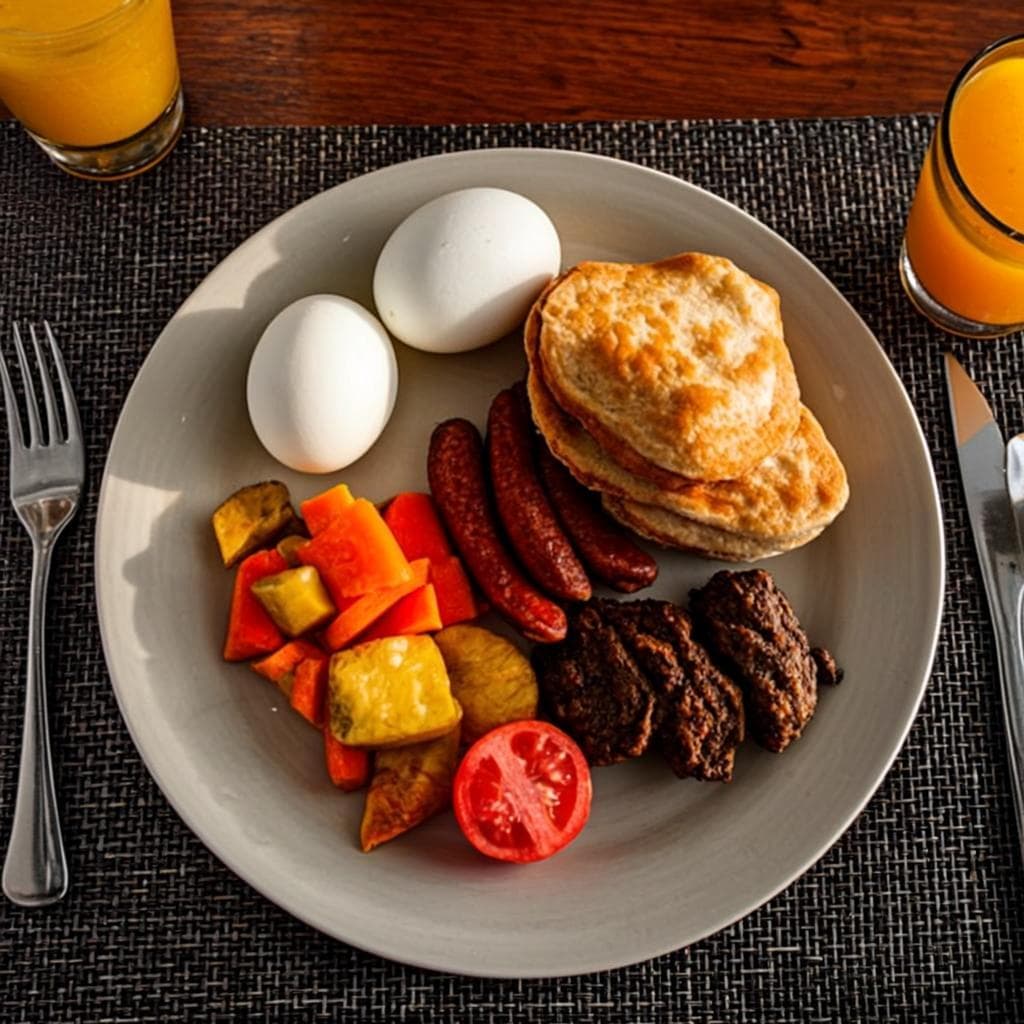 Highland breakfast spread with fruit, mandazi, sausages and mango juice