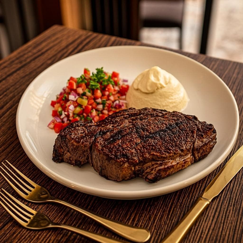 Plated Kenyan nyama choma with kachumbari and ugali