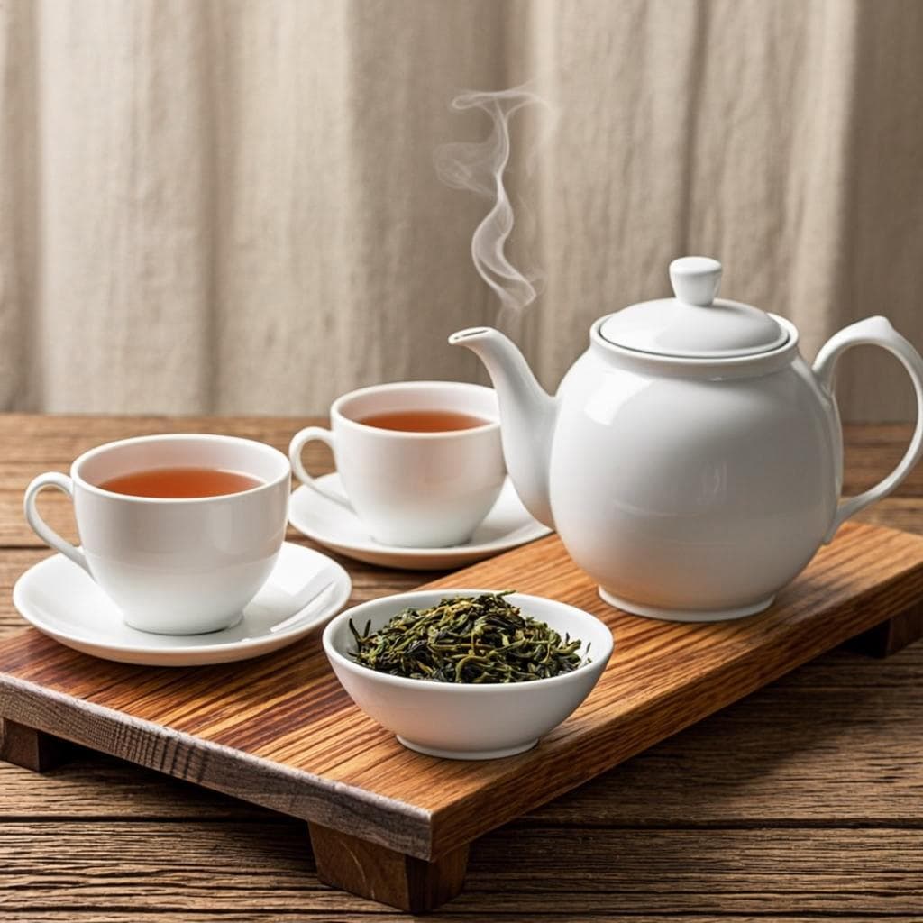 Artisan highland tea service with porcelain teapot and pastries