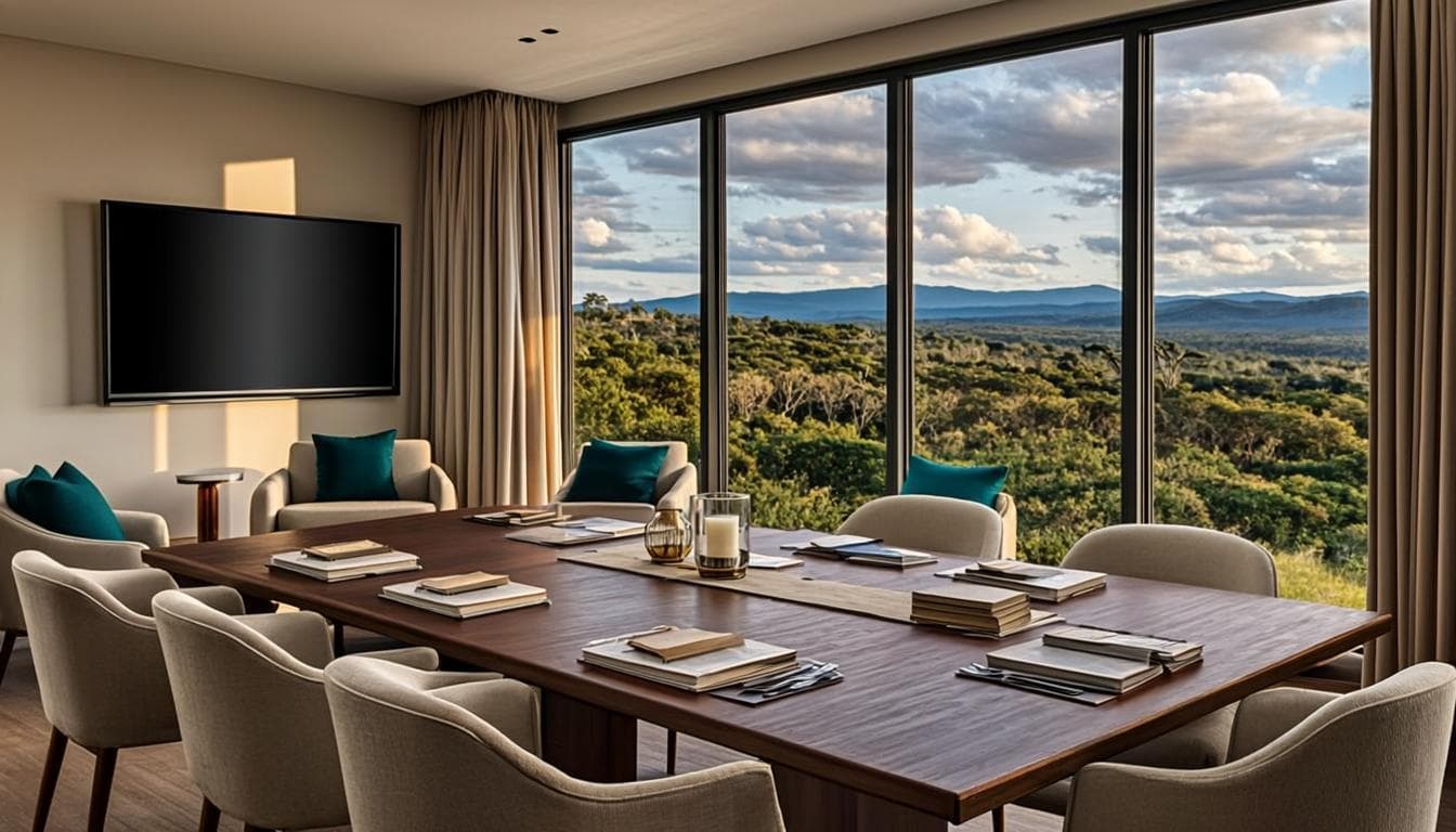 Modern conference room with timber table, cream chairs and wall-mounted screen overlooking highlands