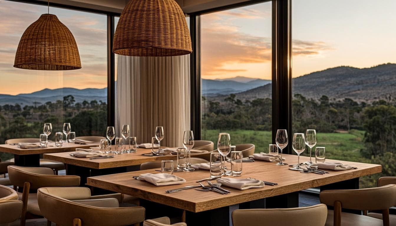 Intimate restaurant interior with timber tables and woven pendant lights overlooking green hills