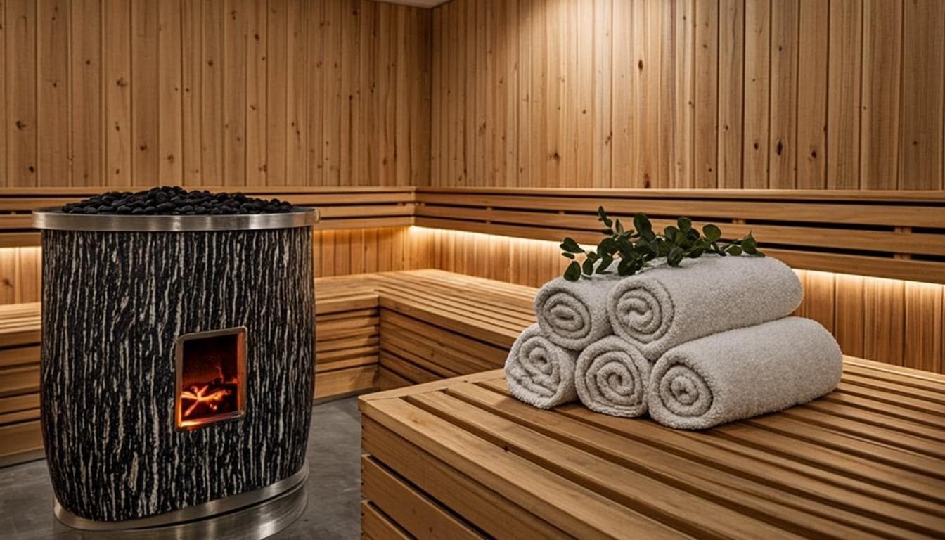 Serene wooden sauna room with warm glow, rolled towels and eucalyptus