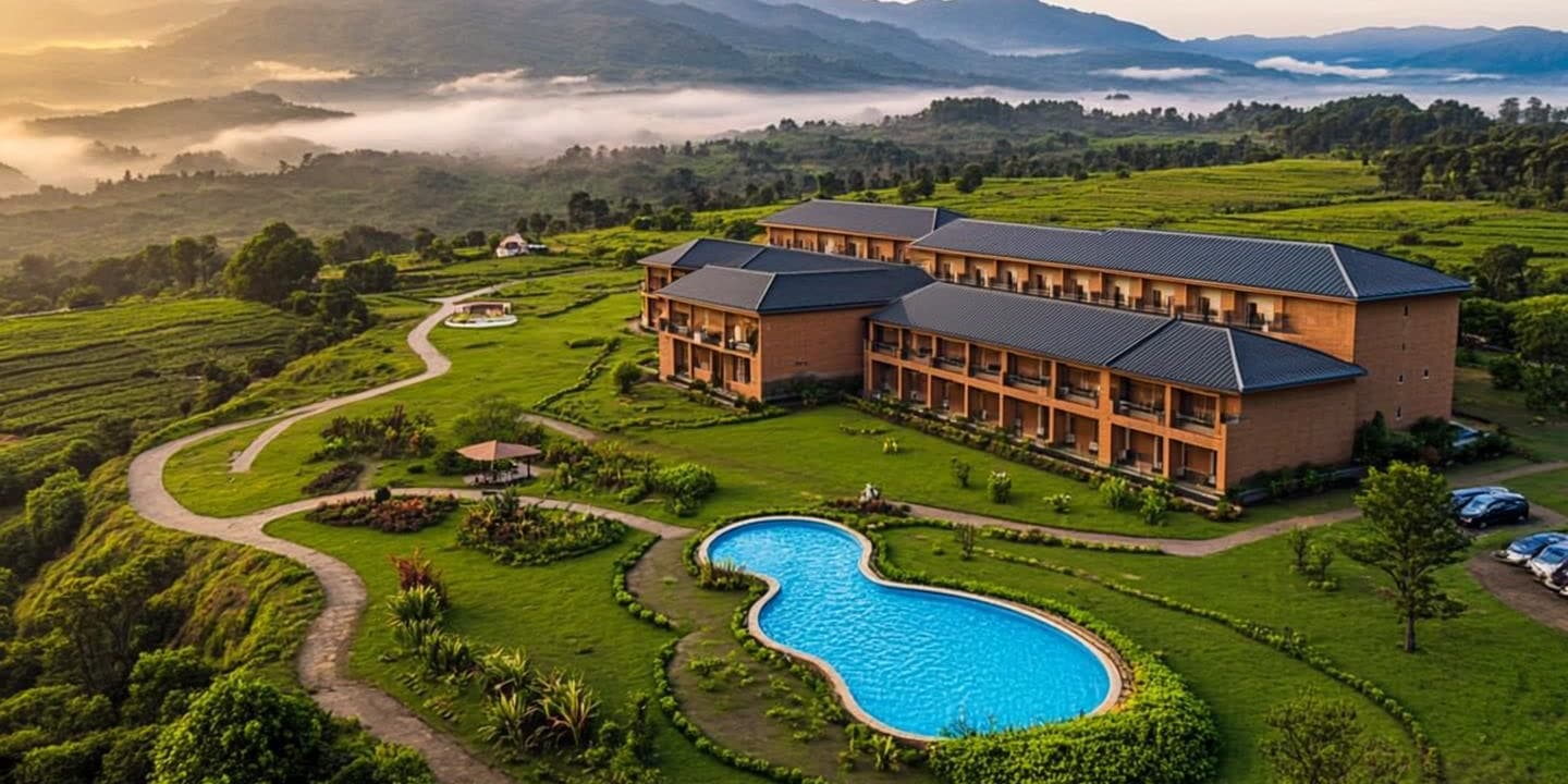 Aerial view of the Kipriria Mountain Breeze Hotel property at golden hour